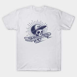 Skull in baseball cap keeps skateboard in his mouth T-Shirt
